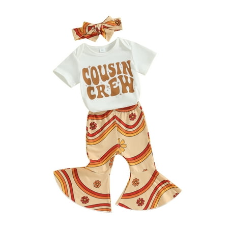 

HOANSELAY Baby Girls 3PCS Pants Sets 3 6 12 18M Short Sleeve Romper Flared Pants Headband Sets