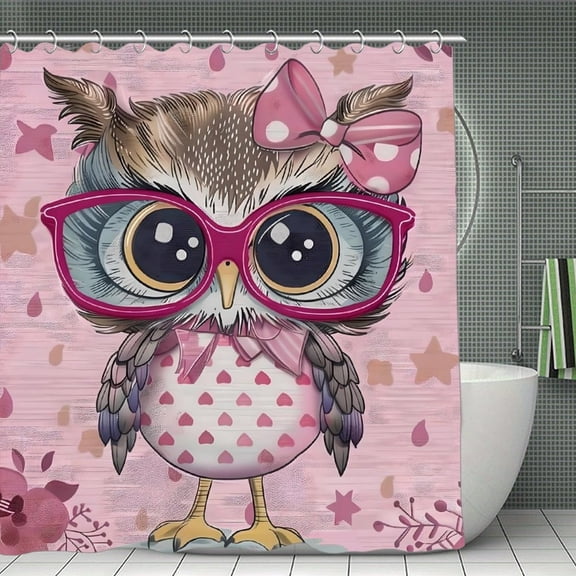Cute Owl Glasses Bow Pink Cartoon Print Shower Curtain,Modern Fabric Waterproof Shower Curtain Set with Hooks,70.8×70.8Inch