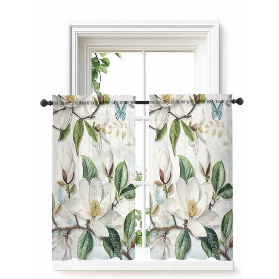 White Floral Tier Curtains 45 Inch Length,Sheer Curtains for Bedroom Living Room Window Botanical Magnolia Flower Leaves Butterfly Small Half Window Kitchen Curtains & Drapes 27.5"x45" 2 Panels