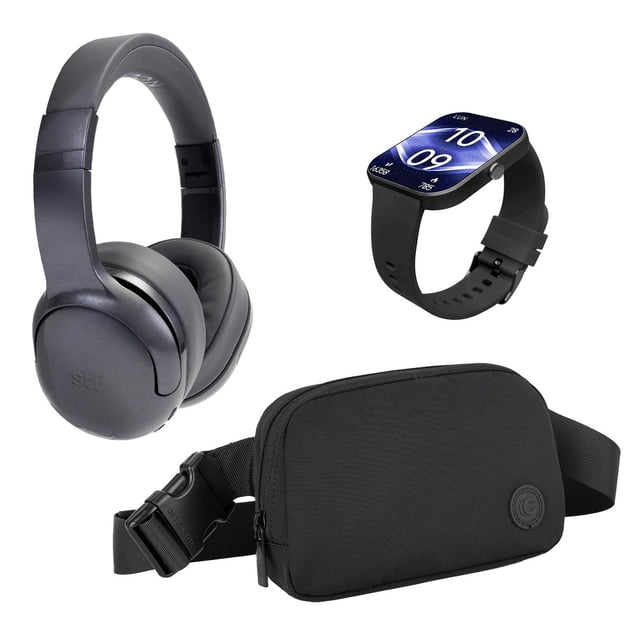 3 kit all in one STF: Audifonos On Ear + Smartwatch + Crossbody color Negro