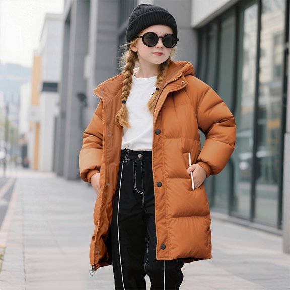 EnJoCho Girls Hooded Puffer Jacket, Soli𝖽 Quilted Windproof Thermal Insulated Coat, Heavyweight Padded Outerwear with Hand Pockets, Fashion Kids Winter Coat for Cold Weather Daily Wear & Outdoor