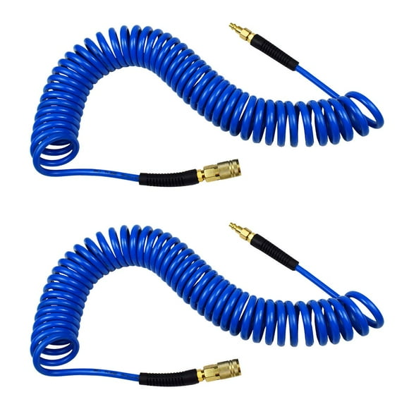 YOTOO 2 Pack Polyurethane Recoil Air Hose, Air Compressor Hose 1/4" Inner Diameter by 25' Long with Bend Restrictor, 1/4" Industrial Quick Coupler and Plug, Blue