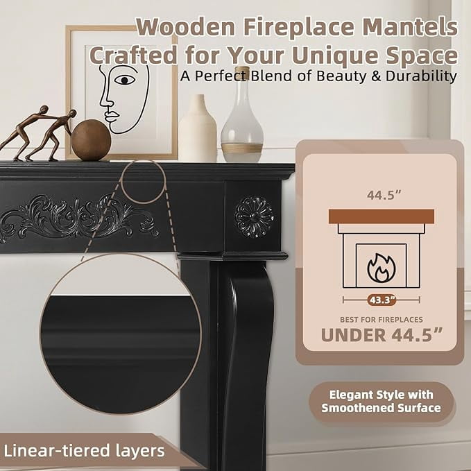 EPICOZY 44.5" Fireplace Mantel, Freestanding Fireplace Surround with Leg for Electric Fireplaces, MDF Mantel Surround with Shelf for Living Room with Decorative Pattern, Anti-Tipping & Waterproof