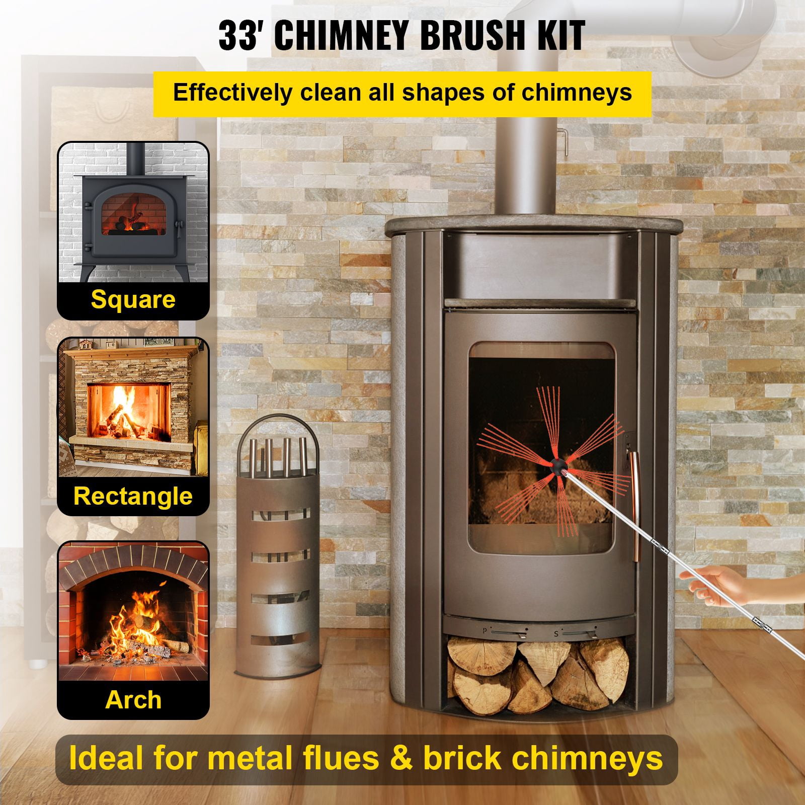 Chimney Sweep Kit, 33 ft Long, 10 Nylon Rods, Flexible Brush Head, Quick Locking System, for Metal Flues & Brick Chimneys, Square, Rectangle & Arch Shapes
