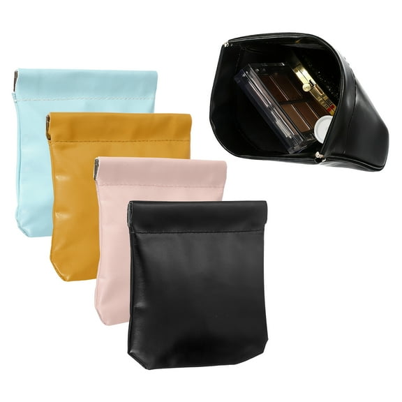 Uxcell 4Pcs Squeeze Coin Purse Pouch, Small Leather Change Purse Self Closing Portable Mini Makeup Bag for Women Men, Black, Blue, Pink, Yellow