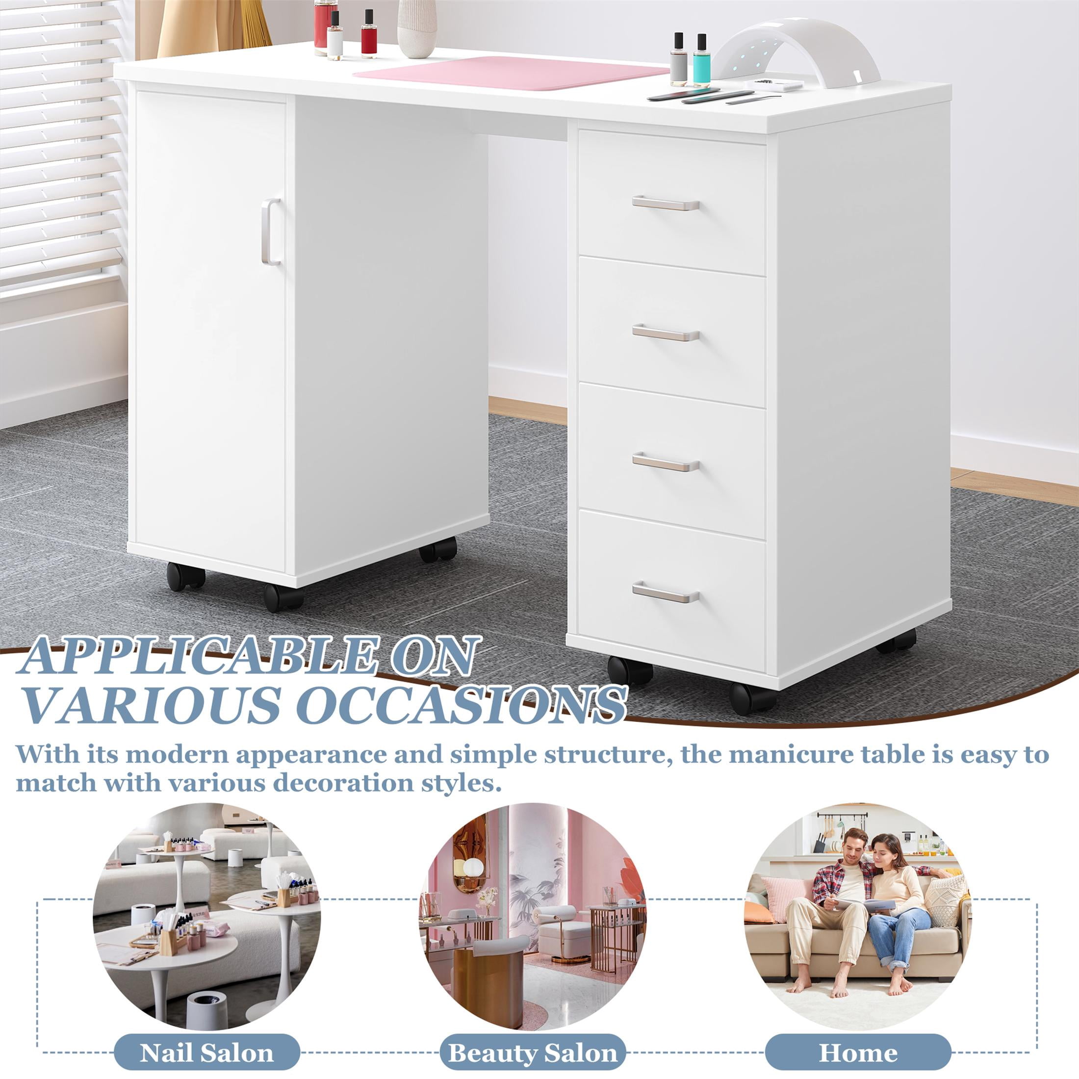 Sesslife White Computer Desk, Writing Desk with Lockable Wheels，Modern Wood Study Desk with 4 Drawers for Home Office Workstation
