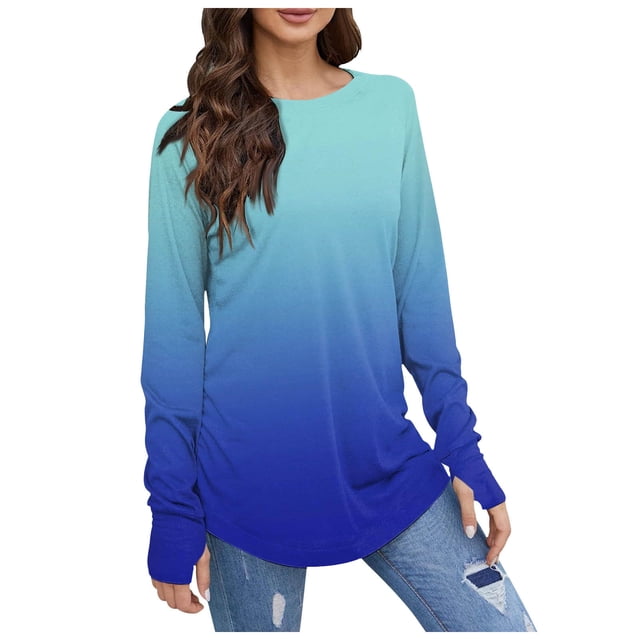 Hauts de Printemps pour Femmes Manches Longues Col Rond Basique Mode Imprimé Tunique Trou de Pouce Chemises pour Femmes Bleu Clair S