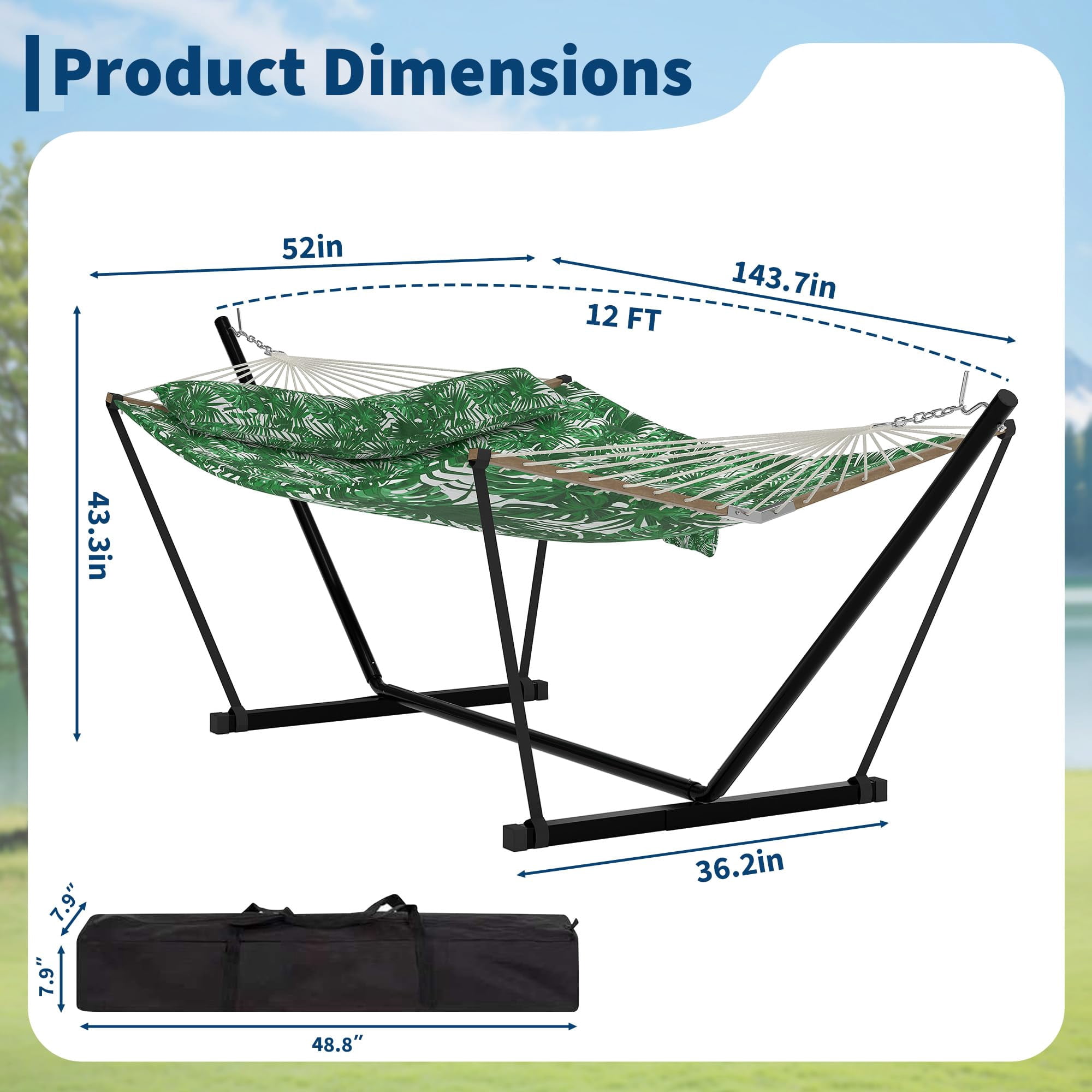 Kicctian 2 Person Hammock with Stand, Portable Double Hammock with 450 lbs Capacity, Balance Rope Included, for Patio, Backyard, Garden or Beach,Green