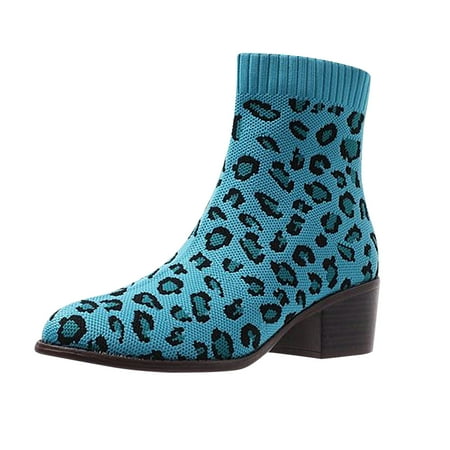 

Egmy Women Chunky Heel Knitted Elastic Boots Children Leopard Print Shoes Green 6.5-7 (37)