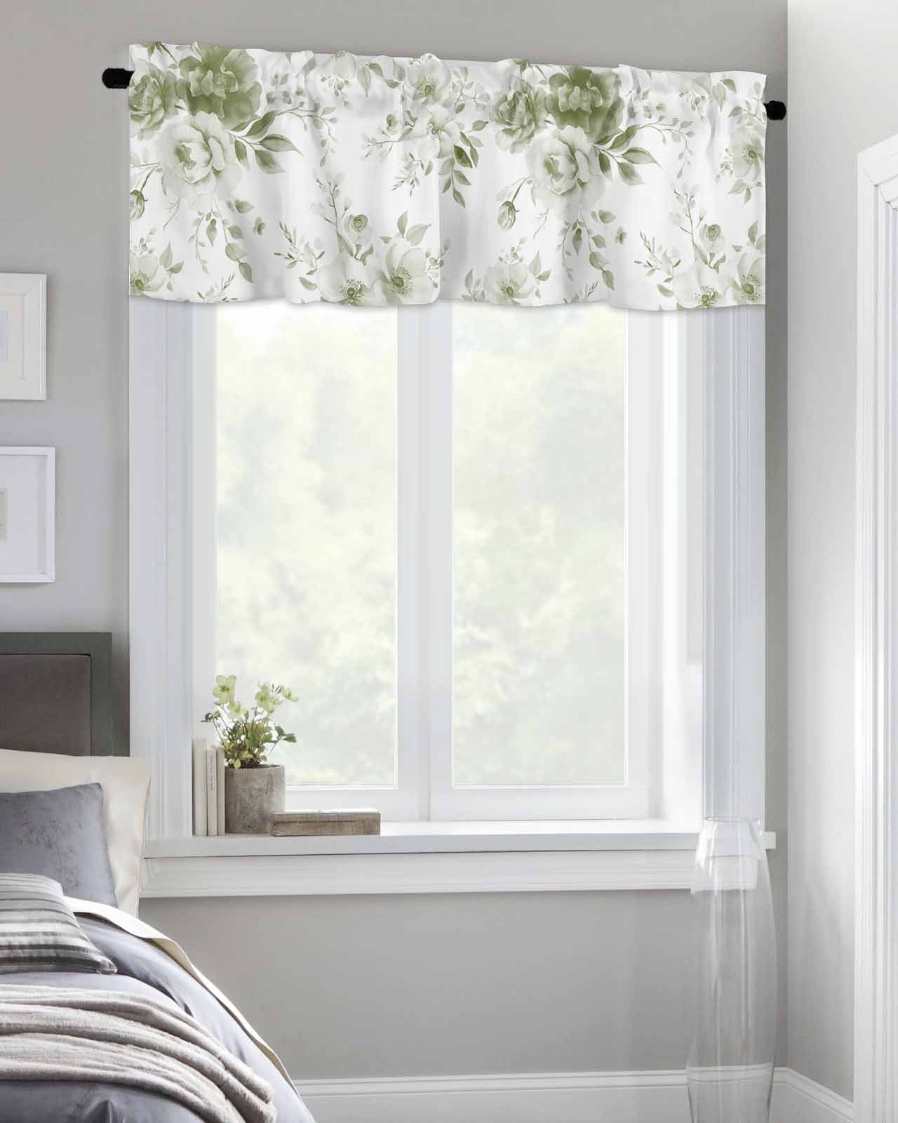 Vintage Sage Green Blossom Flower Curtain Valances for Kitchen Windows,Rod Pocket Short Valance Watercolor Floral Leaves Window Treatment for Living Room Bathroom Bedroom,54" x 18"-1 Panel