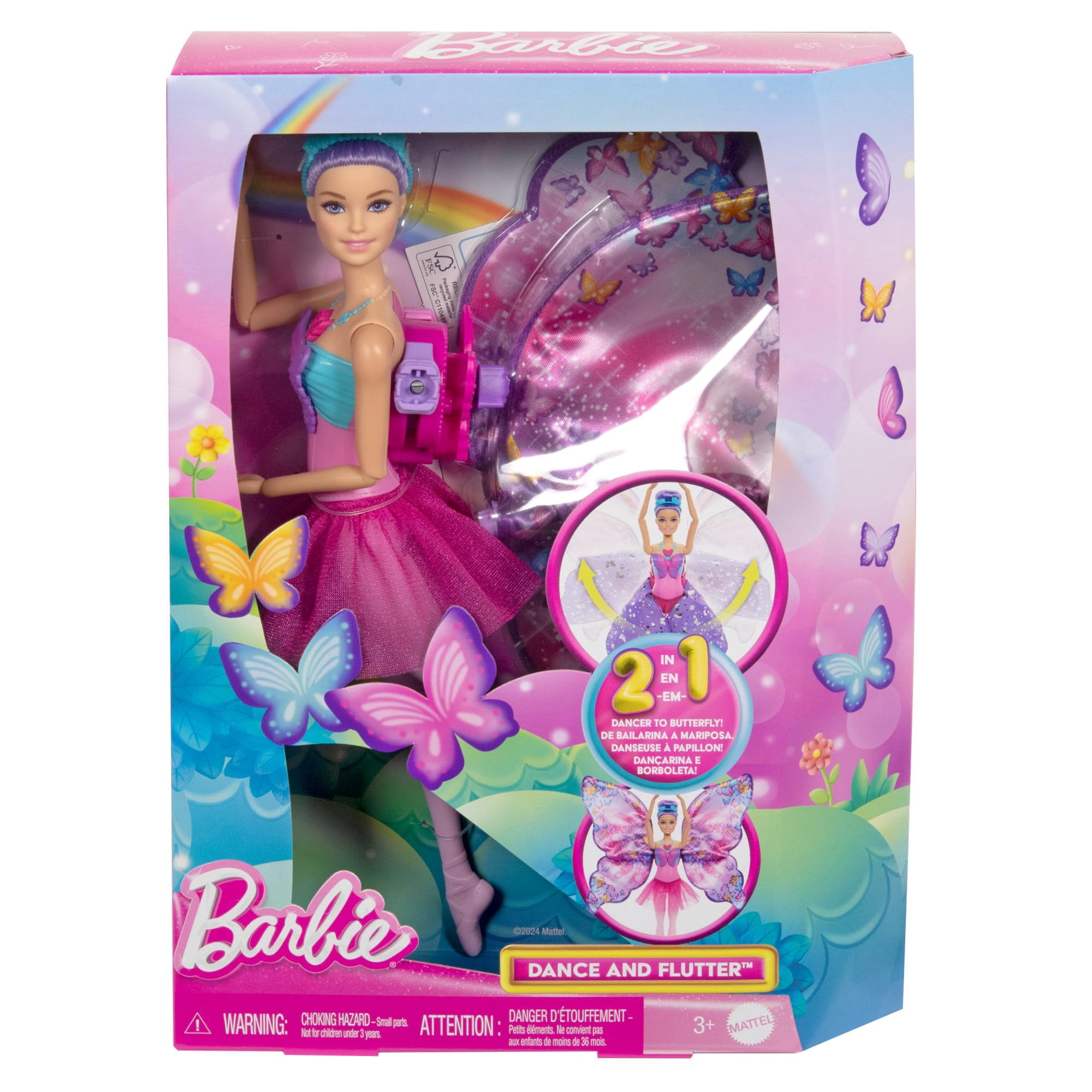 Barbie Dance and Flutter Doll with 2-in-1 Transformation from Dancer to Butterfly with Opening Wings, Purple Hair, Headpiece & Removable Tutu