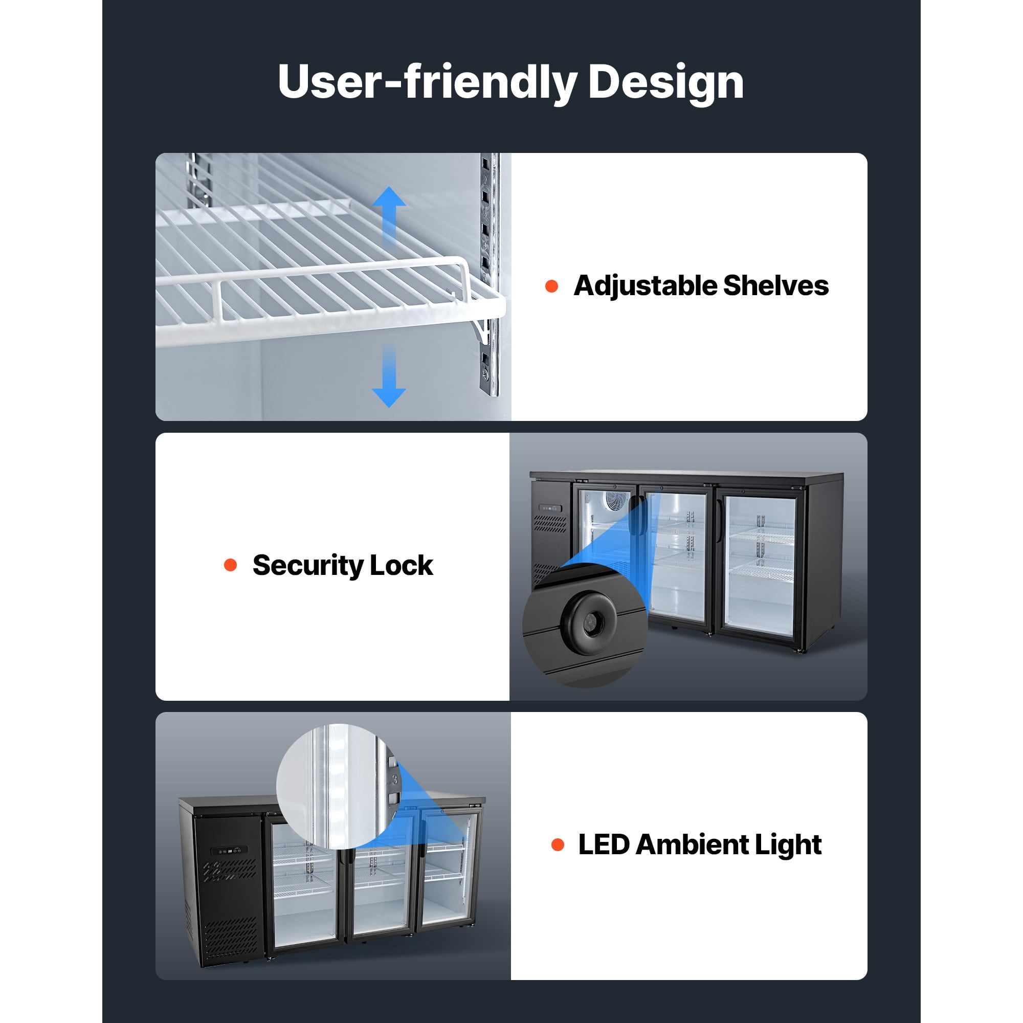 KFFKFF Counter Height Back Bar Cooler, 19.6 Cu. Ft Beverage Refrigerator with 3 Glass Doors, LED Lighting, and Fan Cooling for Commercial Use in Bars, Pubs, and Stores