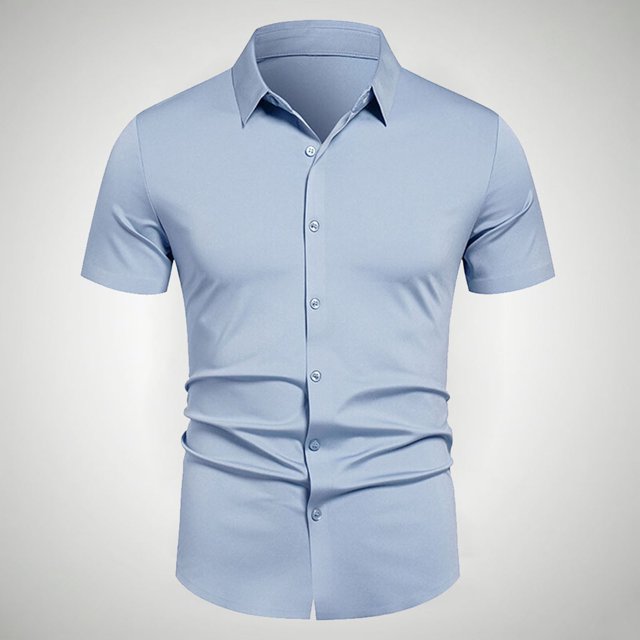 pstuiky camisetas camisas para hombre, Camisa informal de negocios de color liso con solapa y botones de manga corta para hombre camisas casuales para hombre l