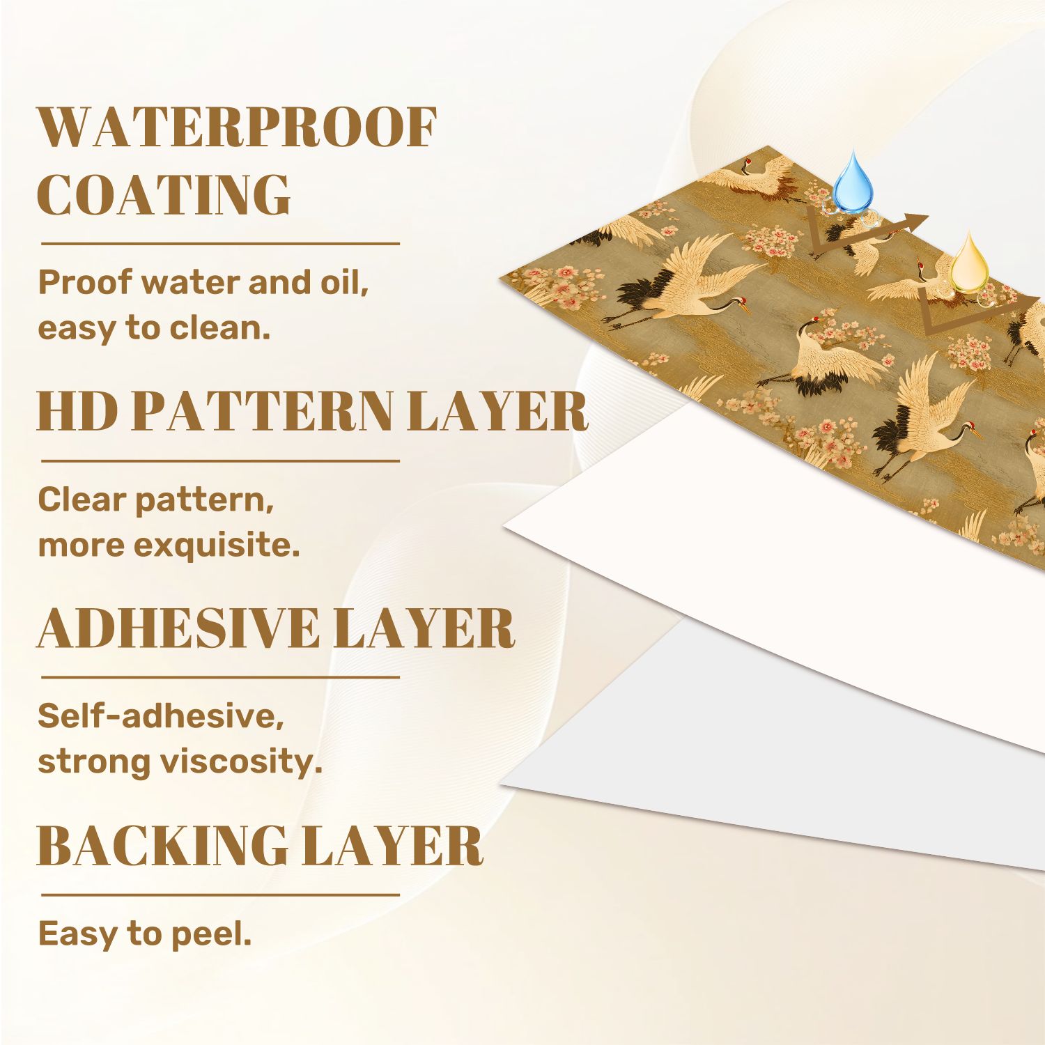 Cranes Peel and Stick Wallpaper 23.6in x 9.8ft Elegant Crane Birds Among Cherry Blossoms Golden Contact Paper Vinyl Waterproof Self Adhesive Wall Paper for Bedroom Shelf Cabinet Renter Friendly