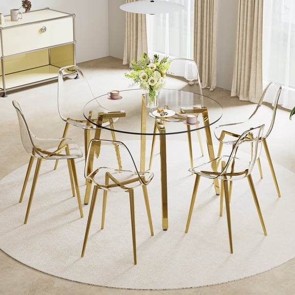 FFZ Modern Glass Dining Table Set with 6 Transparent Chairs, Gold Legs, Gold