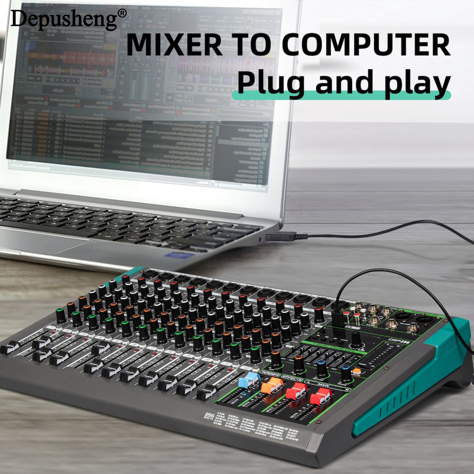 Depusheng PA12 Mixing Console 12-Channel Audio Mixer with 48V 256DSP Reverb Effect  PC AUX Play Record Podcast Broadcast stage