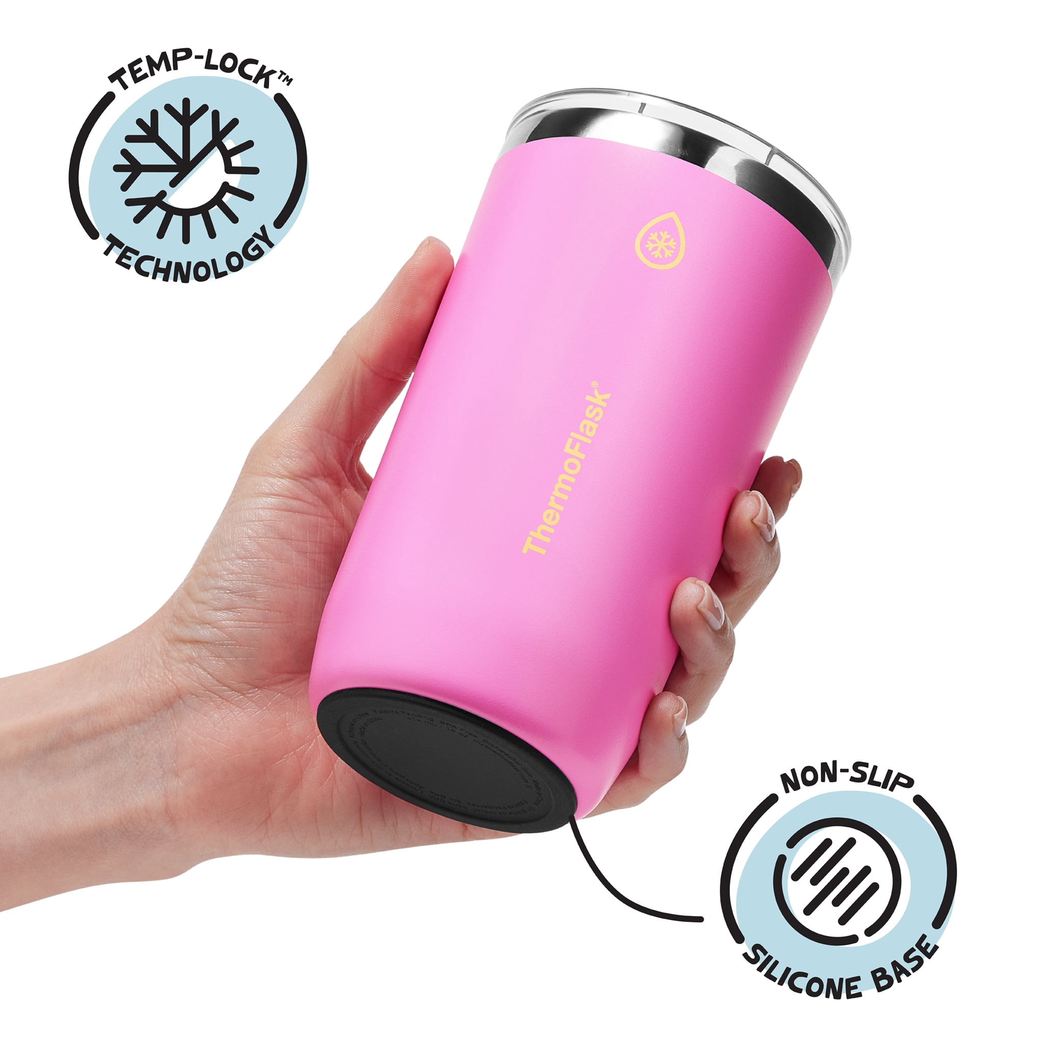 ThermoFlask Drinkware 16 oz Beer Tumbler - Double-Wall Insulated for Cold & Hot Drinks - Lightweight & Simple Cup with Innovative Press In Slider Lid - Modern & Durable -Shocking Pink