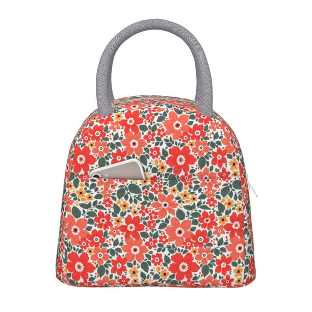 Balery Small Coral Red Flowers Bolsa de Almuerzo para Mujeres, Caja de Almuerzo, Bolsa de Almuerzo Pequeña Impermeable, Tote de Almuerzo Reutilizable con Gran Capacidad