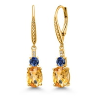 Gem Stone King 18K Yellow Gold Plated Silver Yellow Citrine and Blue Created Sapphire Dangle Earrings for Women with Lab Grown Diamond (3.83 Cttw, Oval Checkerboard 9X7MM)