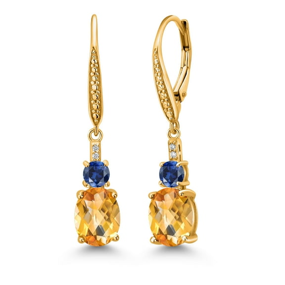 Gem Stone King 18K Yellow Gold Plated Silver Yellow Citrine and Blue Created Sapphire Dangle Earrings for Women with Lab Grown Diamond (3.83 Cttw, Oval Checkerboard 9X7MM)