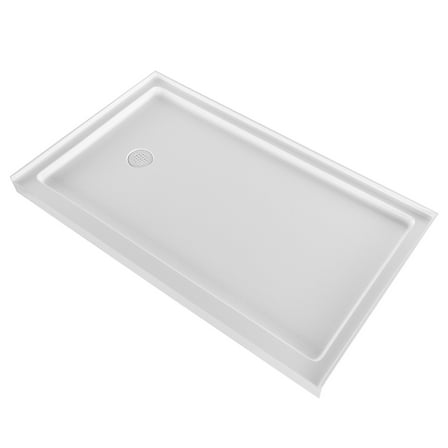 KFFKFF Shower Pan, 60″ L x 36″ W Single Threshold Base, Rectangular Acrylic & PVC Shower Base in White, Non-Slip Bathroom Pan with Drain and Cover, Left-Side Drain Placement