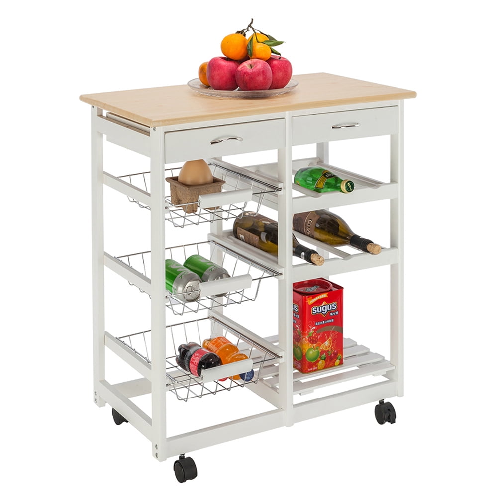 Kadyn Moveable Kitchen Cart, Kitchen Island Cart with Two Drawers & Two Wine Racks, Multifunctional Microwave Cart Bar Cart with hree Baskets, White Kadyn Moveable Kitchen Cart, Kitchen Island Cart with Two Drawers & Two Wine Racks, Multifunctional Microwave Cart Bar Cart with hree Baskets, White