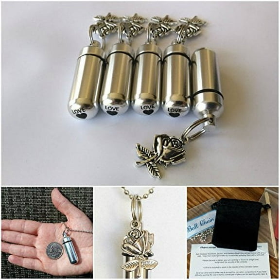 Special Set of FIVE - SILVER ROSE CREMATION URN Keepsakes with Laser Engraved Heart - Includes 5 Velvet Pouches, 5 Ball-Chains & Fill Kit