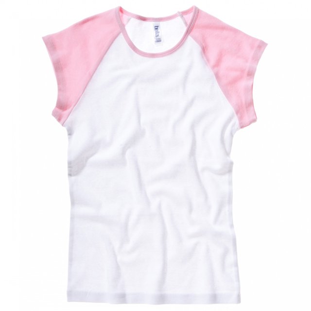 B&C Camiseta de manga corta en canalé fino con mangas de diferente color chica/mujer (Blanco/Rosa)