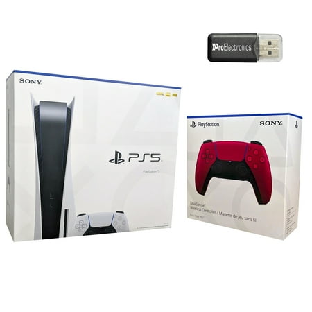 Sony Playstation 5 Disc Version with Cosmic Red Extra DualSense Wireless Controller and Micro SD Card USB Adapter Bundle