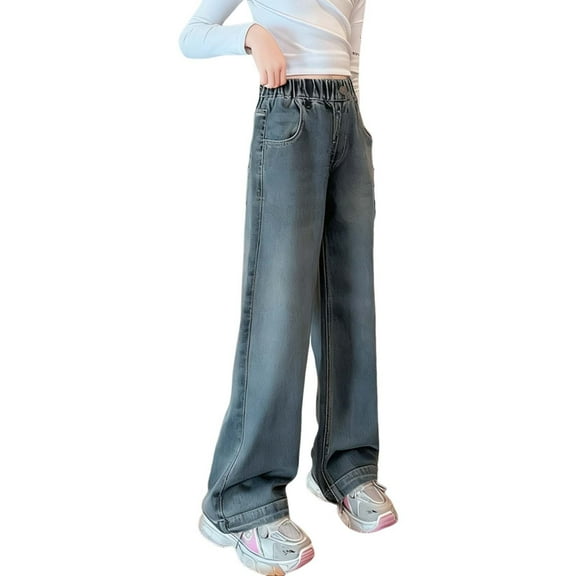 Ugoldhm Girls Wide Leg Jeans - Elastic Waist Baggy Denim Streetwear Pants with Pockets 4-15Y