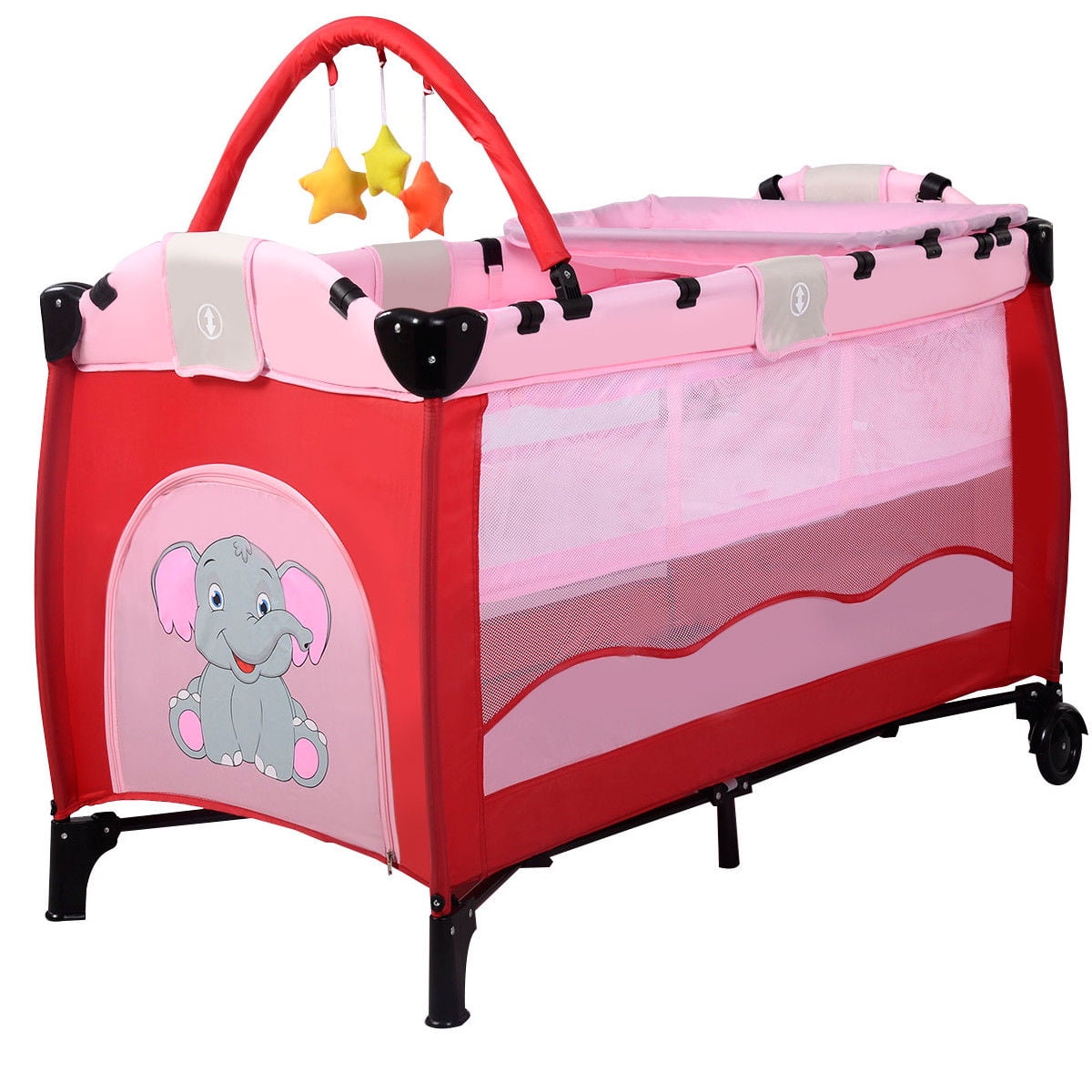 Costway Pink Baby Crib Playpen Playard Pack Travel Infant Bed