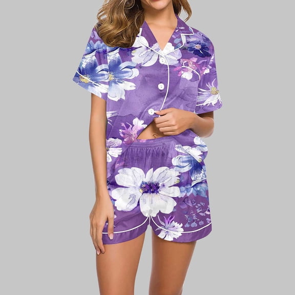 Nrmvnmi Pajamas Sets For Women Flower Graphic Prints Sleepwear Sets Flip Collar Short Sleeve Button Plaid Tops And High Elastic Waist Shorts Soft Breathable Loungewear Sets Nightwear
