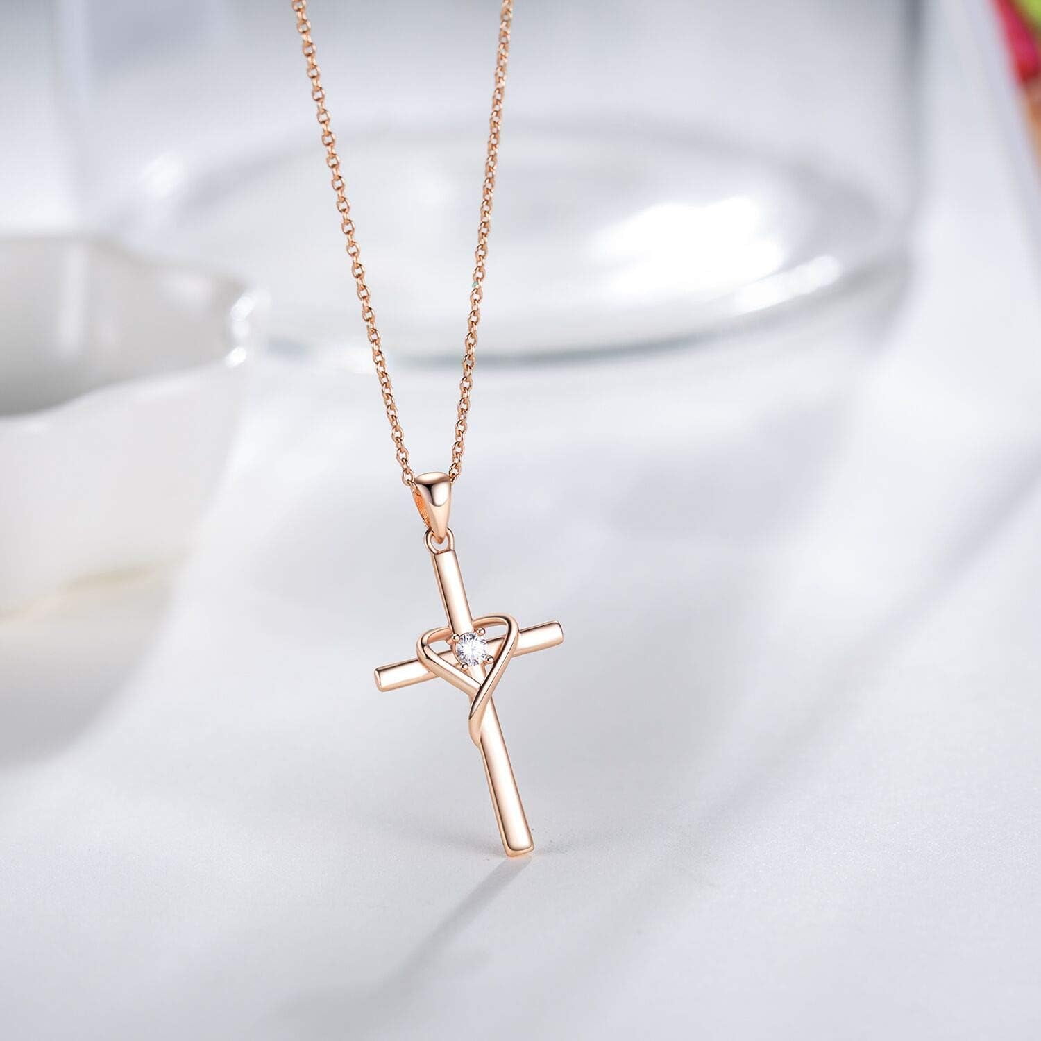 Leander 925 Sterling Silver Cross Necklace for Women Men 5A CZ Birthstone Necklaces 14K Gold Plated or Rose Gold Necklace for Easter or Mother's Day