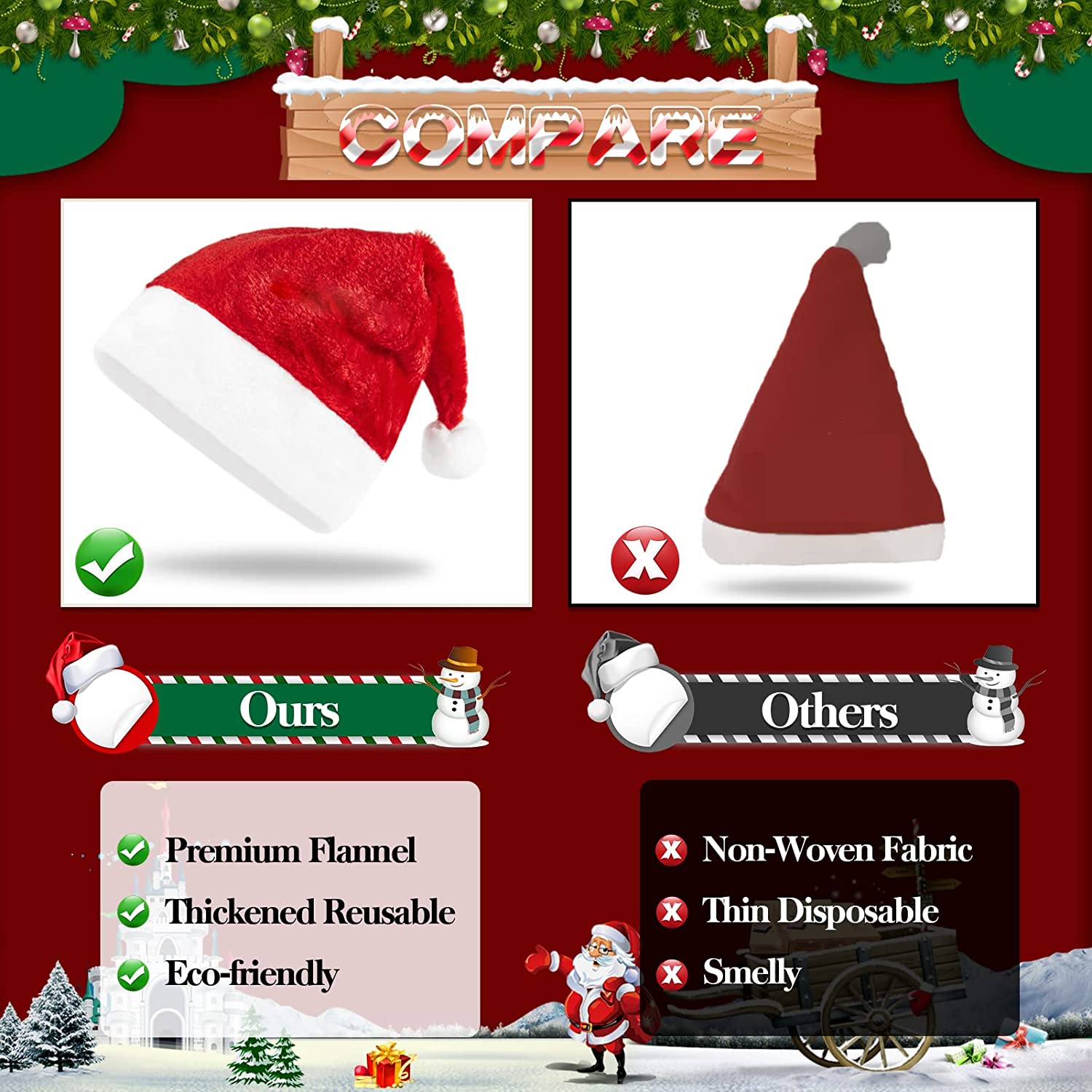 6 Pack Adult Unisex Plush Santa Hats - Classic Cuffed Red & White Design, Soft Comfortable Xmas Hats for Christmas, New Year Festive Celebrations