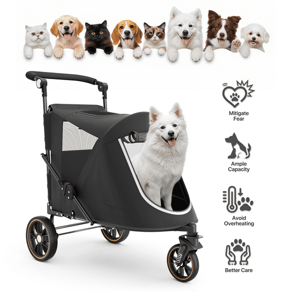 MoNiBloom Dog Stroller, 3 Wheel Pet Stroller for Small Medium Dogs & Cats, Adjustable Handlebar 9 Angles 20°-180°, Black