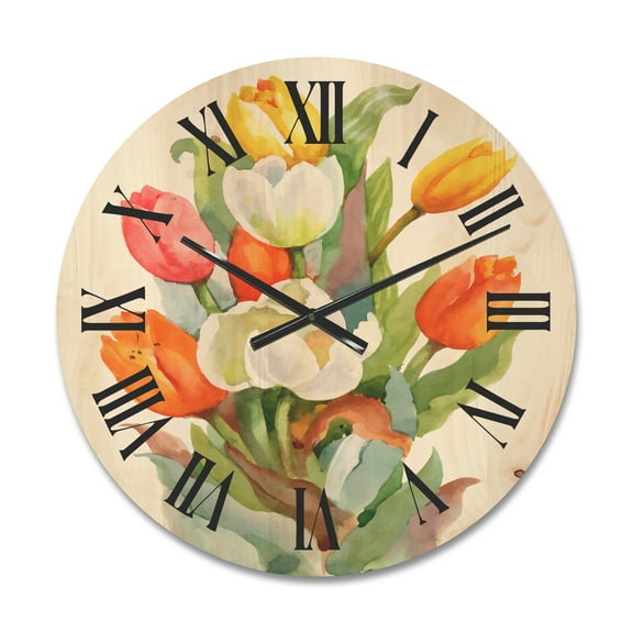 Designart 'Blooming Orange and White Tulips Flower' Traditional Wood Wall Clock