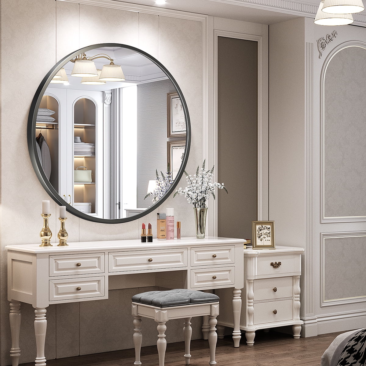 Scifil Black Round Mirror, 24 Inch Bathroom Wall Mirror, Modern Round Circle Wall Vanity Mirror with Metal Frame for Home Decor, Easy Hanging