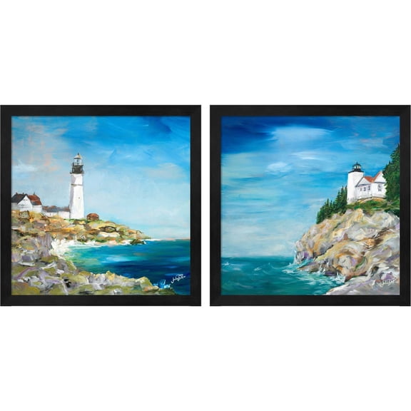 Great Art Now Lighthouse on the Rocky Shore by Julie DeRice, 2 Piece Framed Art Set Each 13.25"W x 13.25H