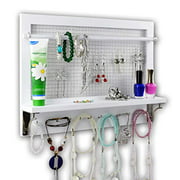 Spiretro White Wall Mount Jewelry Organizer Holder Rack with Hooks Shelf and Removable Rod Hanging Earrings Necklaces Bracelets Rings Storage Accessories