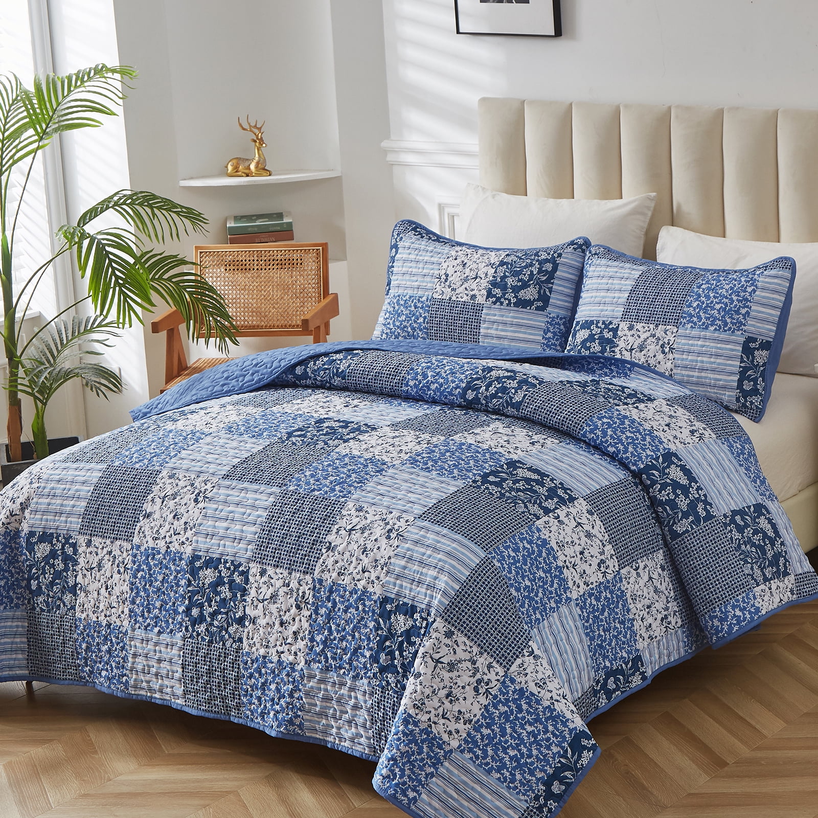 Blue Boho King Size Bedspread Coverlet Set 3 Pieces Plaid Floral Quilt Set Patchwork Bedding Set 90"x104"