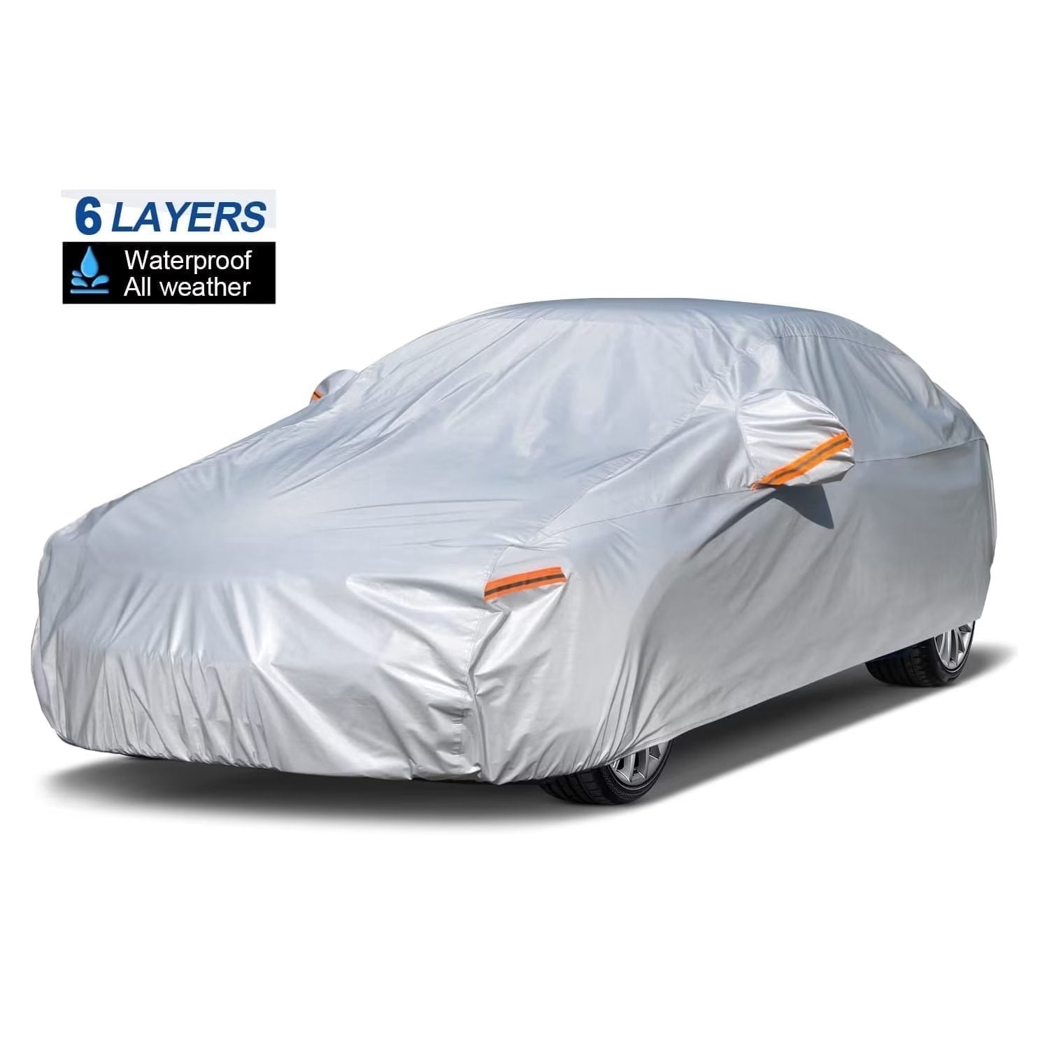 Kayme 6 Layers Waterproof Silver Matte Car Cover, Sedan/Coupe, 186 to 193 in, All-Weather Outdoor Protection, Full Exterior Cover