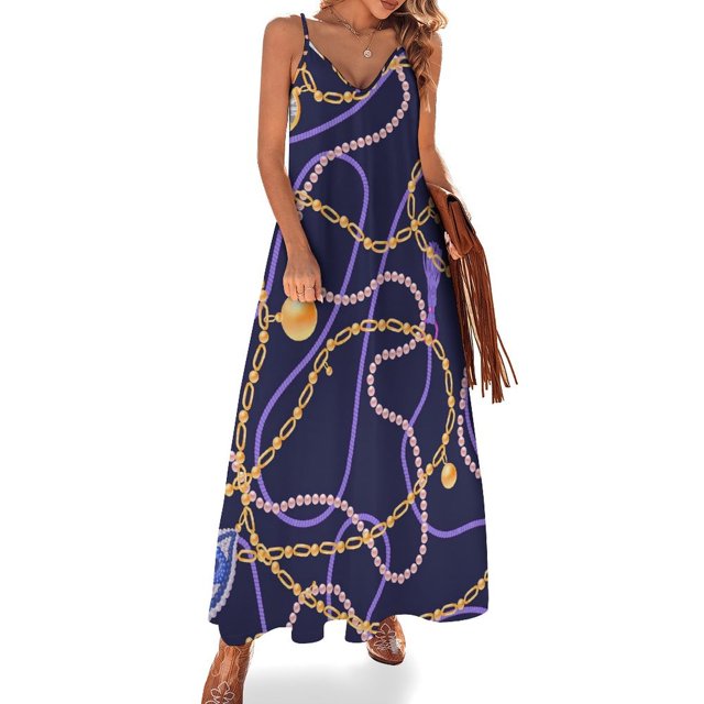 Vestido largo bohemio con cadenas doradas y estampado de joyas, estilo vintage, moda urbana, tirantes personalizados, talla grande