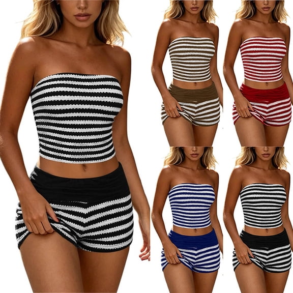 Two Piece Sets for Women Striped Tube Top And Pant Set Women's Striped Racerback Top Elastic Waist Shorts Set Black M