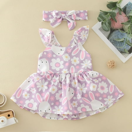 

NIUREDLTD Girls Easter Fly Sleeve Cartoon Rabbit Printed Romper Backless Bodysuits Dress Headbands Set