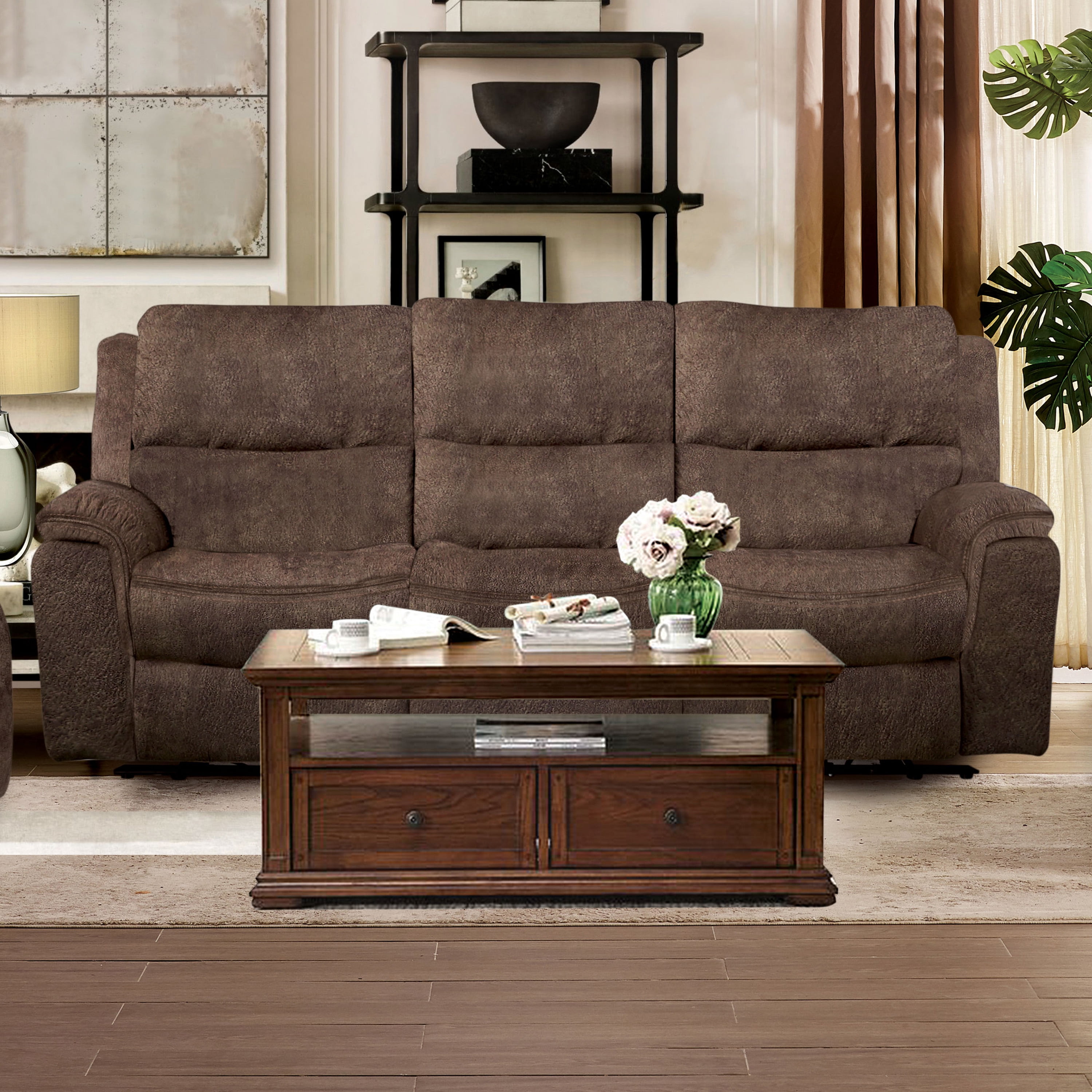 Furniture of America Caddo Upholstered Fabric Dark Brown Reclining Sofa