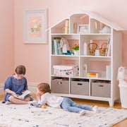 Martha Stewart Living and Learning Kids' Dollhouse Bookcase - Creamy White: Wooden Organizer Shelves with Storage Bins for Books, Dolls, Toys, School Supplies – Bookshelf for Bedroom or Playroom