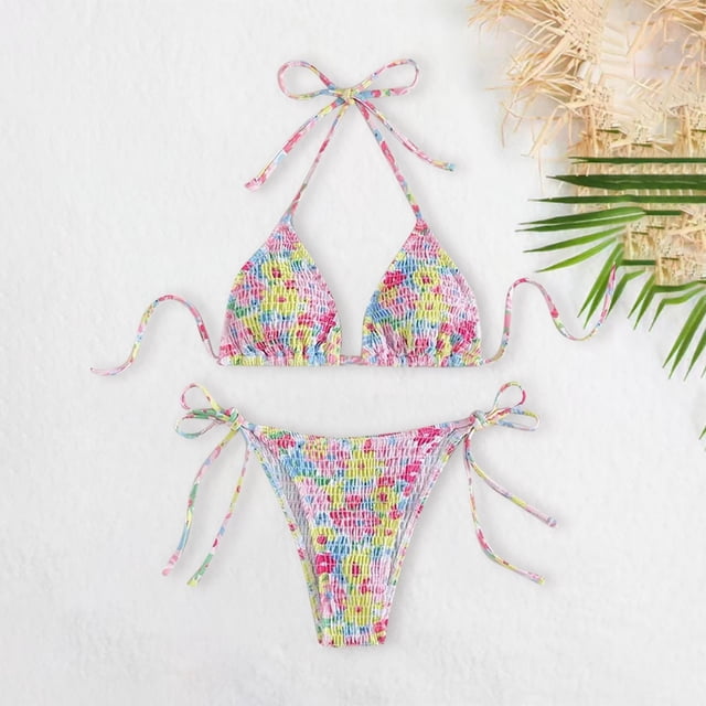 Weiqiqre Tankini Swimsuits Women Triangle Bikini Set String Swimsuit Print Tie Smocked Ruched Two Piece Bathing Suit