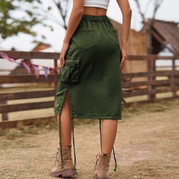 GaThRRgYP Midi Cargo Skirt for Women,Women's Spring and Summer Denim Work Dress Pocket Skirt Casual Mid-length Skirt