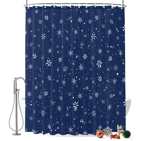 White Snowflake Shower Curtain, Midnight Winter Navy Blue Background Waterproof Washable Fabric Bathroom Shower Curtain with 12 Hooks, 48" x 72"