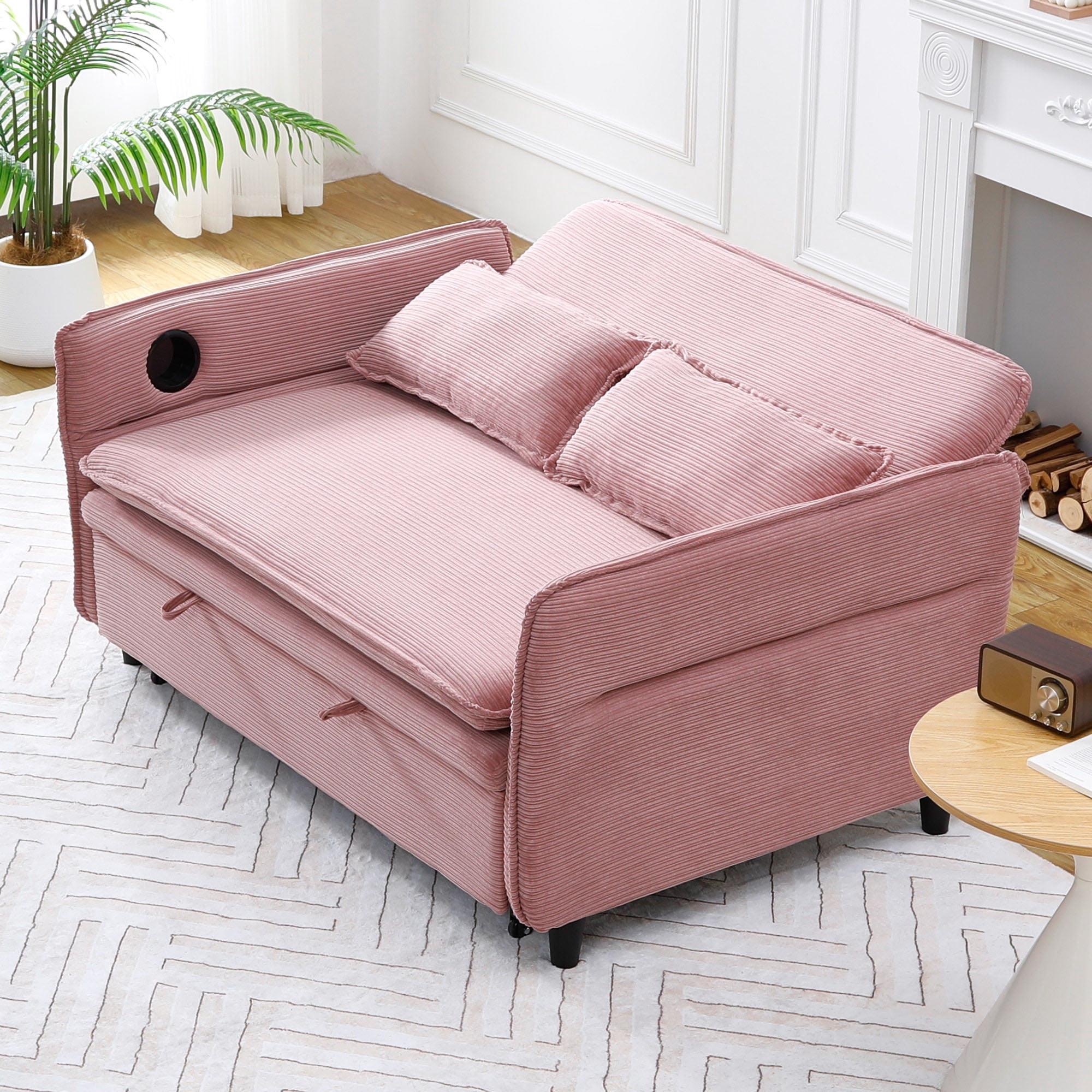 Gewnee 66''Pull-Out Sofa Bed,Adjustable Armrests and Backrests with Cup Holders,Multi-Functional Sofa Bed Suitable for Living rooms and Bedrooms.(Pink)